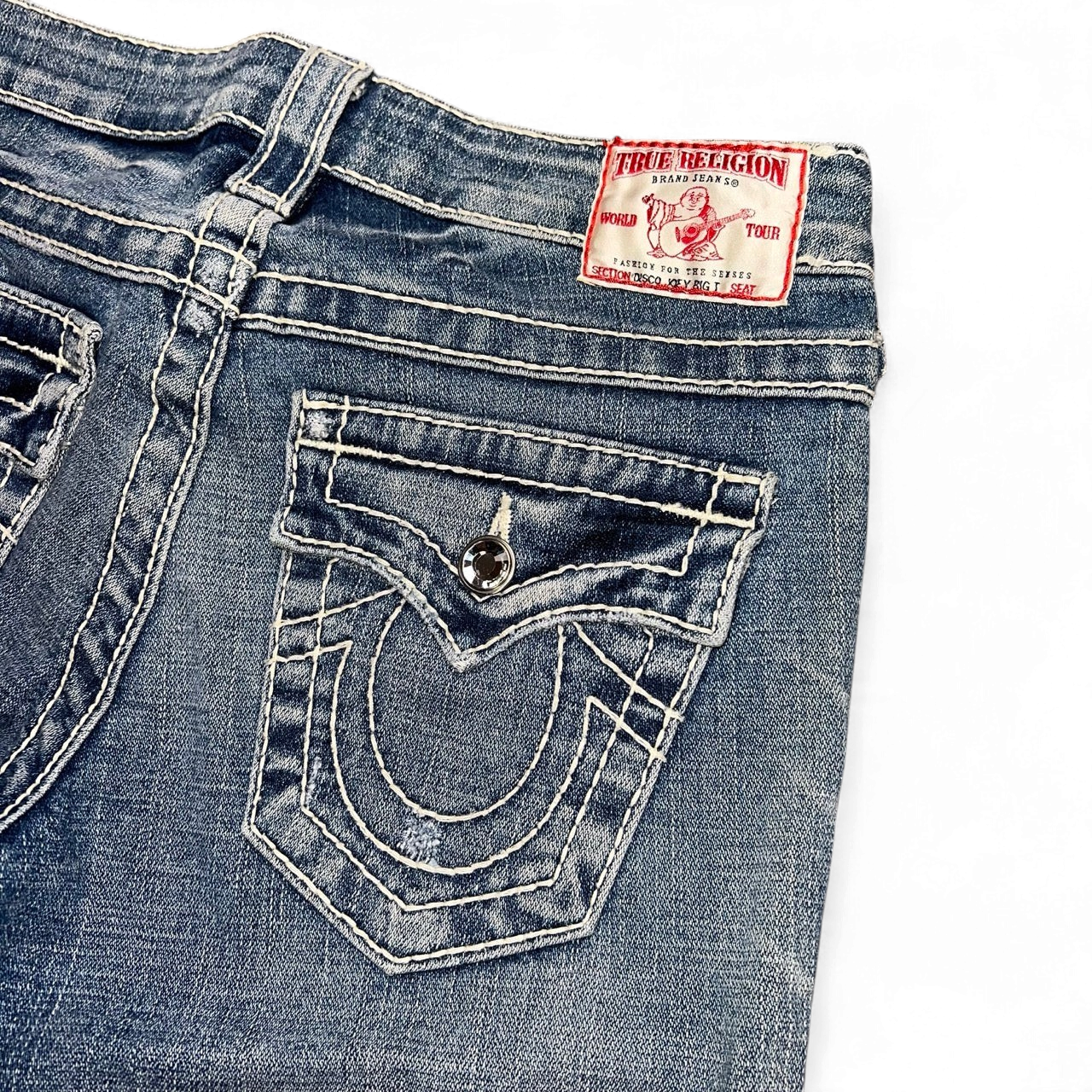 TWC Vintage True Religion Disco Joey Big T Damenjeans in Blau mit markanten Kontrastnähten und Gesäßtaschen
