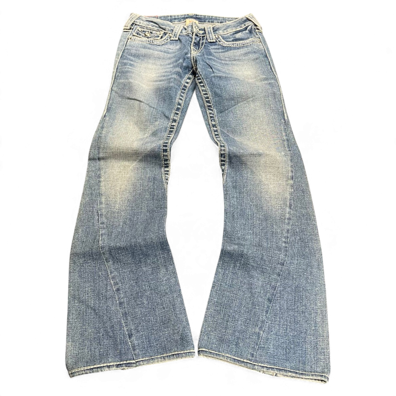 TWC Vintage Damen True Religion Disco Joey Big T Bootcut Jeans in verwaschenem Blau mit markanten Kontrastnähten