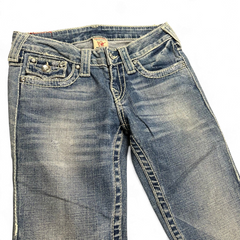 TWC Vintage Damen True Religion Disco Joey Big T Bootcut Jeans in verwaschenem Blau mit markanten Kontrastnähten