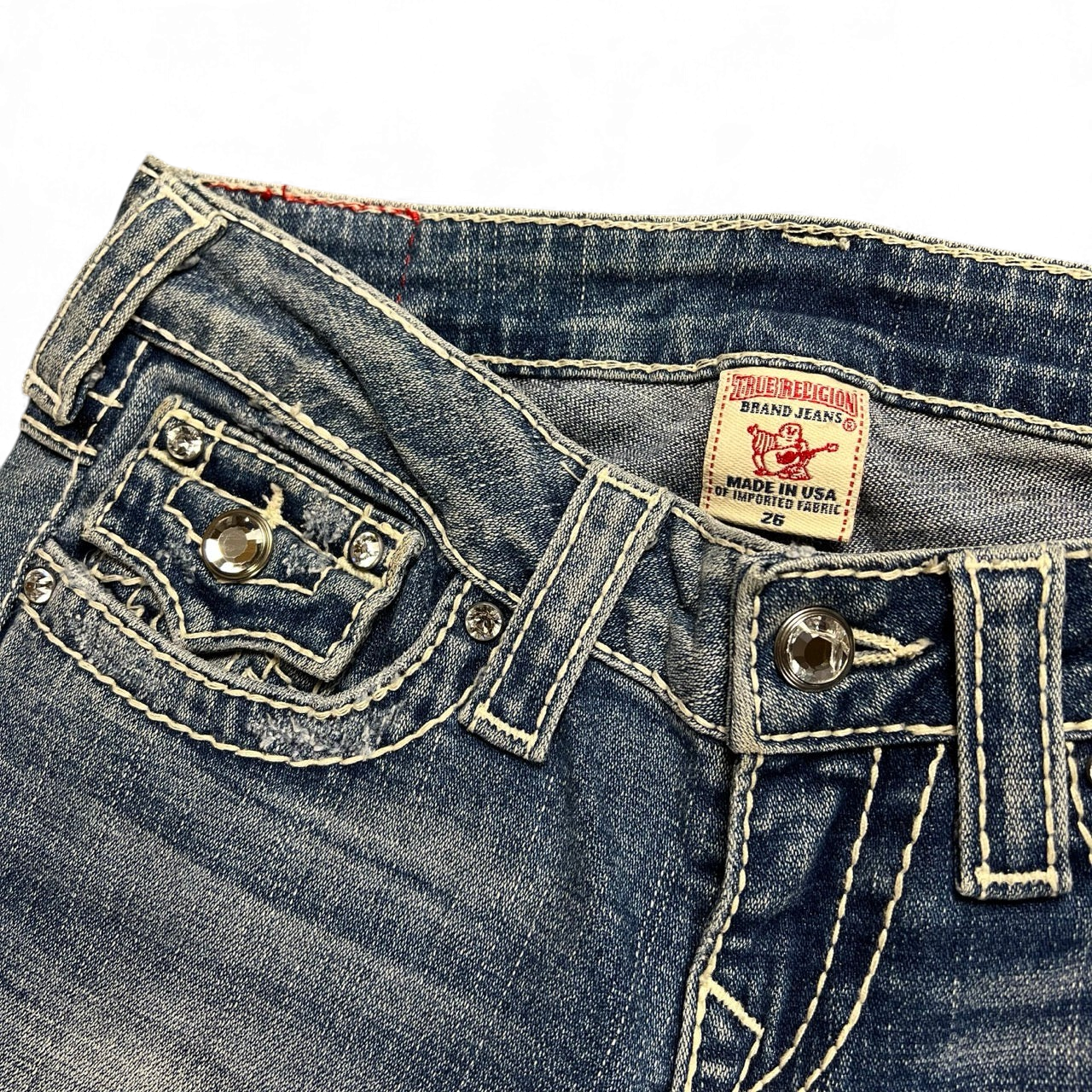 TWC Vintage True Religion Disco Joey Big T Damen Jeans in Blau mit markanten Kontrastnähten und Strass-Details