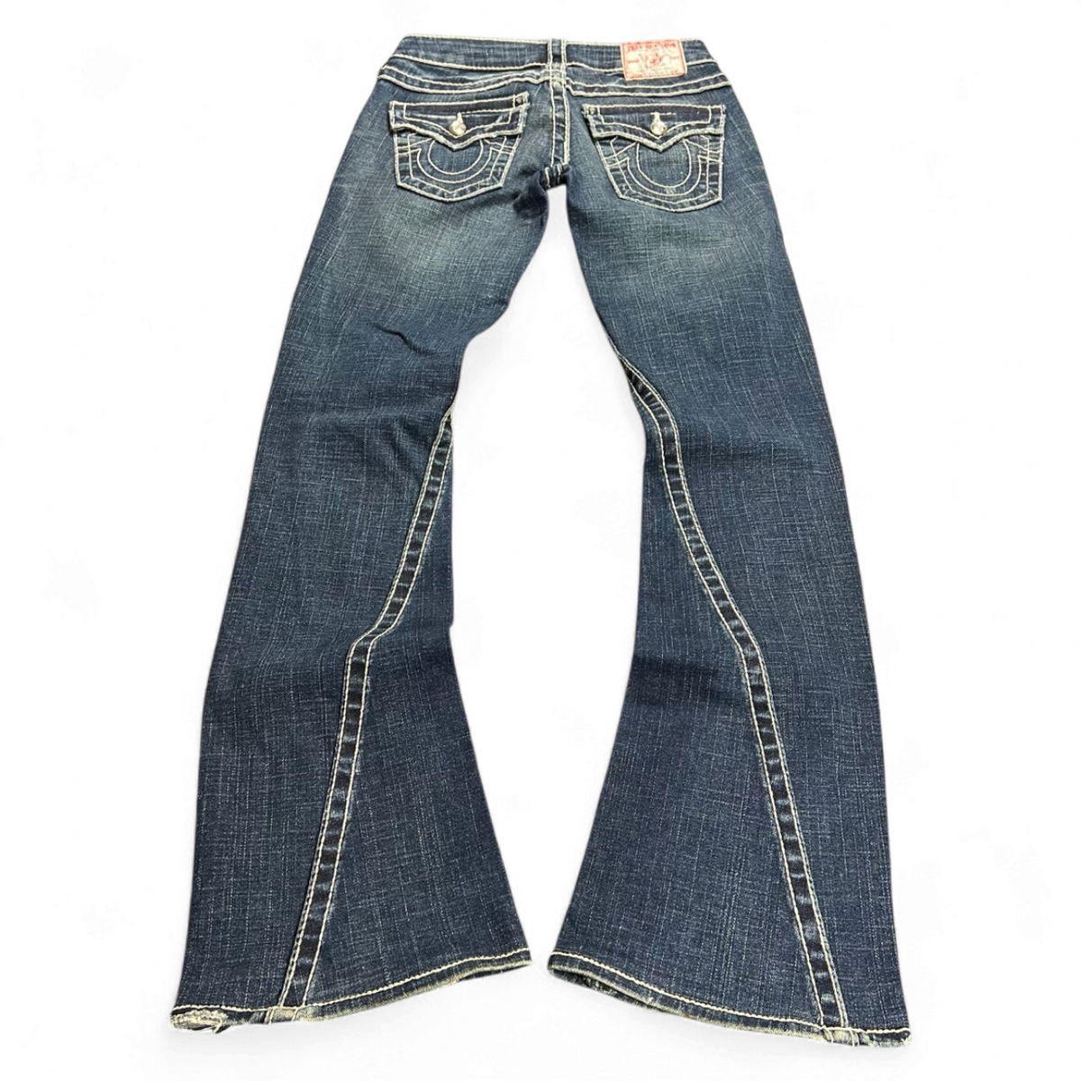 TWC Vintage True Religion Disco Joey Big T Bootcut Jeans in blau mit markanten Kontrastnähten und Klappentaschen
