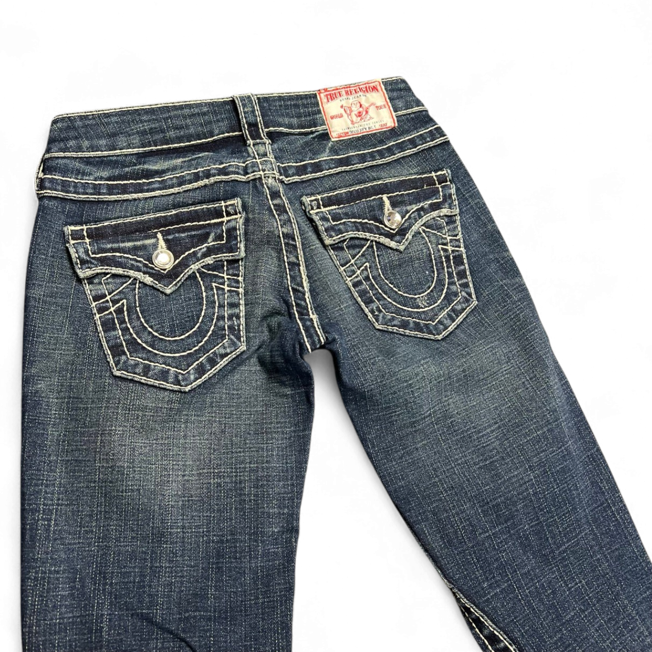 TWC Vintage Damen True Religion Disco Joey Big T Bootcut Jeans in Blau mit markanten Kontrastnähten und Gesäßtaschen