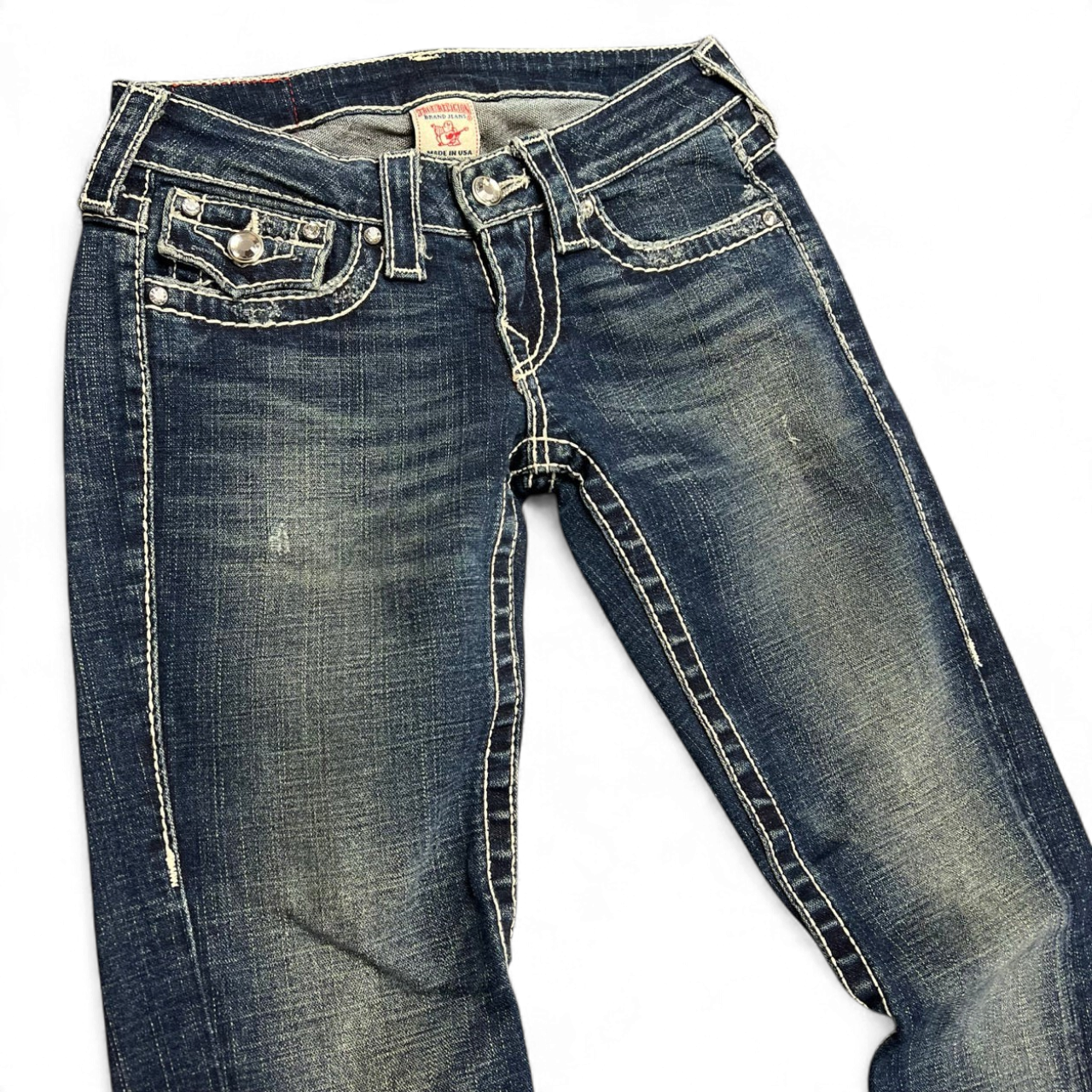 TWC Vintage True Religion Disco Joey Big T Bootcut Jeans in blau mit markanten Kontrastnähten und Used-Look