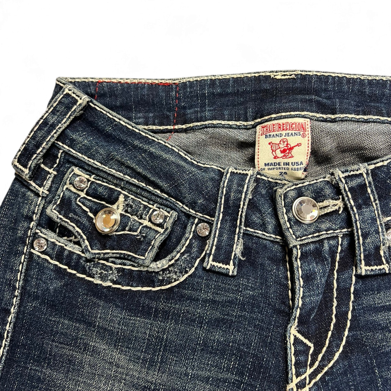 TWC Vintage True Religion Disco Joey Big T Jeans mit markanten Kontrastnähten und Strass-Details an der Tasche