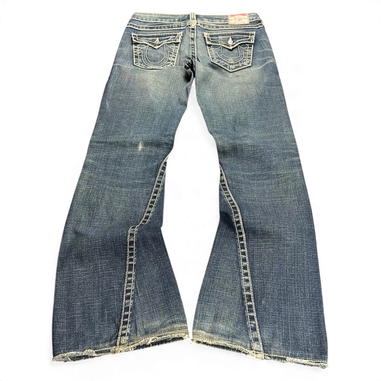 TWC Vintage True Religion Disco Joey Big T Bootcut Jeans in blau mit markanten Kontrastnähten und ausgefranstem Saum