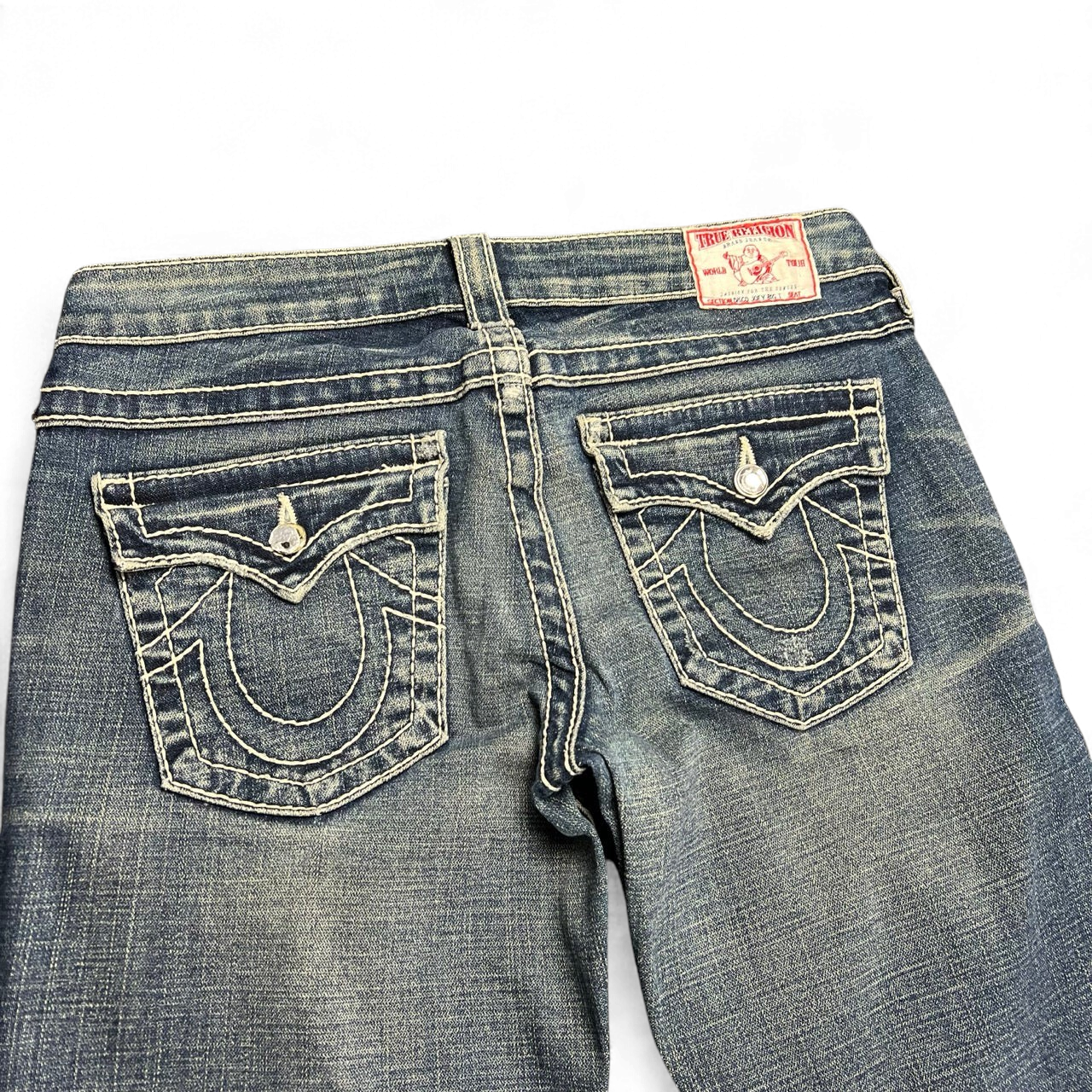 TWC Vintage True Religion Disco Joey Big T Bootcut Jeans in blau mit markanten Kontrastnähten und Gesäßtaschen