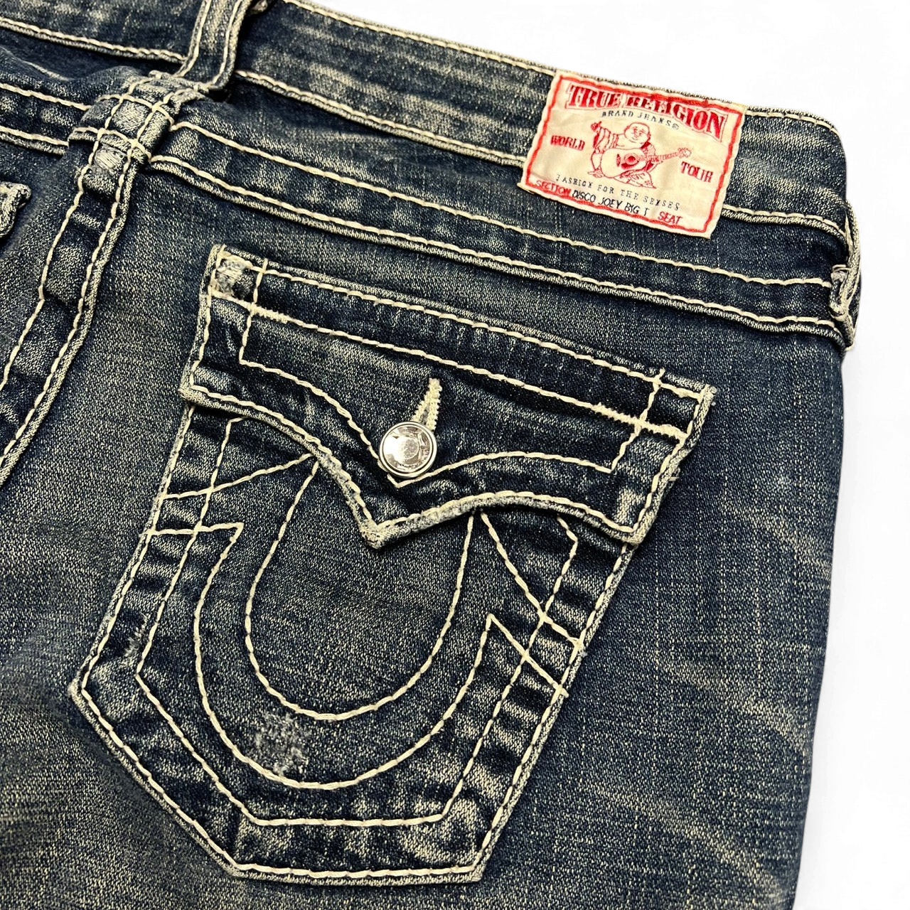 TWC Vintage True Religion Disco Joey Big T Bootcut Jeans in dunkelblauem Denim mit markanten hellen Kontrastnähten