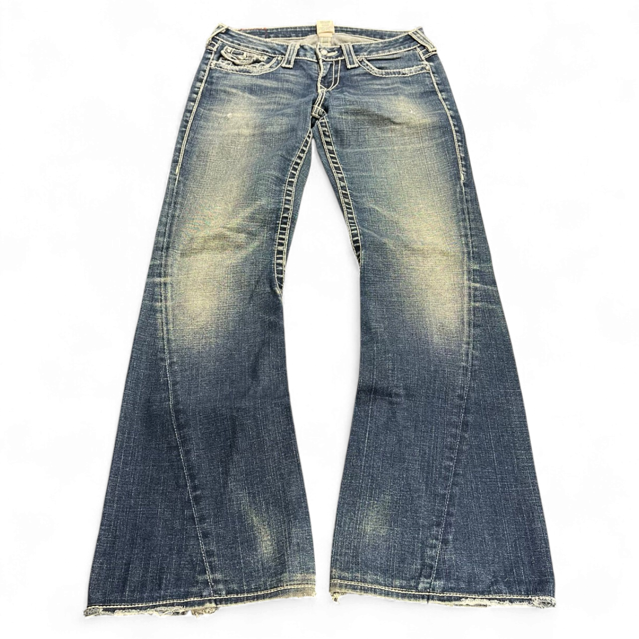 TWC Vintage True Religion Disco Joey Big T Bootcut Jeans in blau mit markanten Kontrastnähten und Vintage-Waschung