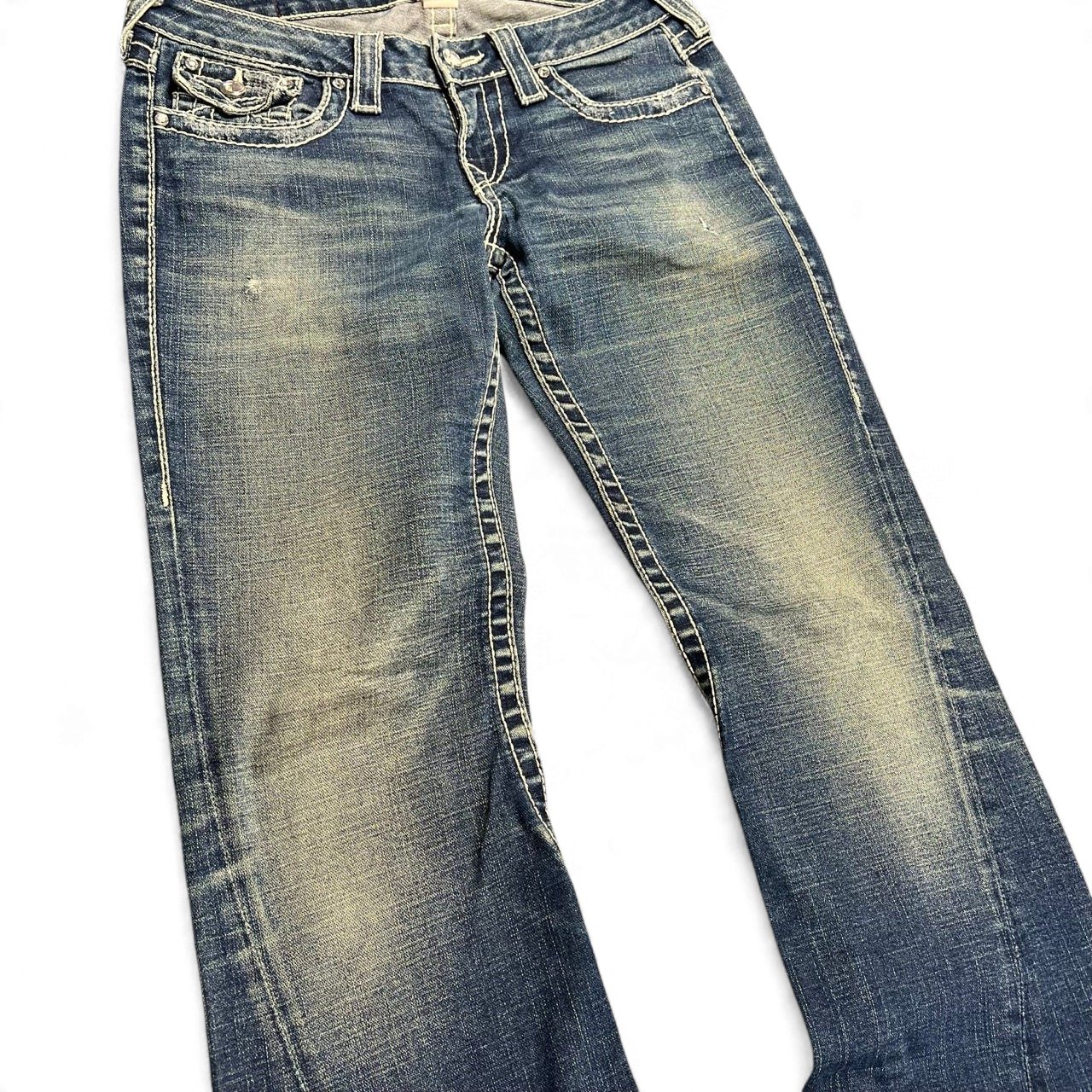 TWC Vintage Damen True Religion Disco Joey Big T Bootcut Jeans in verwaschenem Blau mit markanten Kontrastnähten