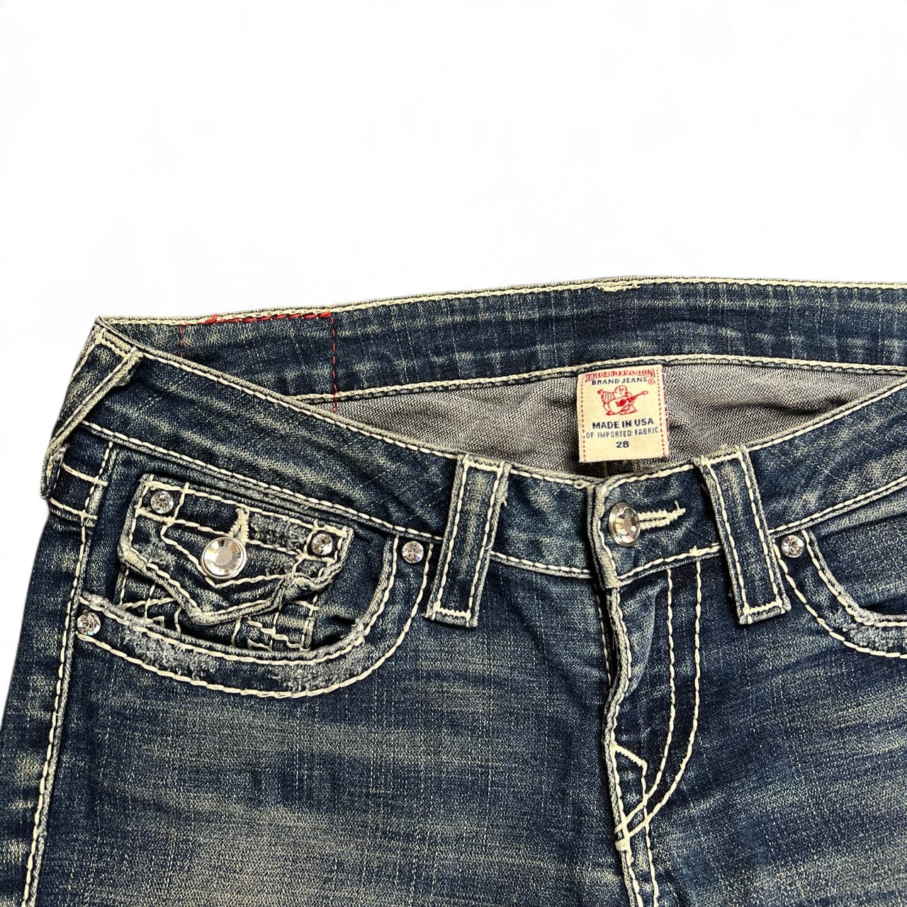 TWC Vintage True Religion Disco Joey Big T Bootcut Jeans mit markanten Kontrastnähten und Strasssteindetails