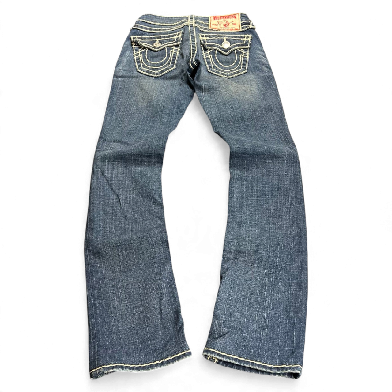TWC Vintage Damen True Religion Billy Super T Jeans in Blau mit markanten hellen Kontrastnähten und Gesäßtaschen