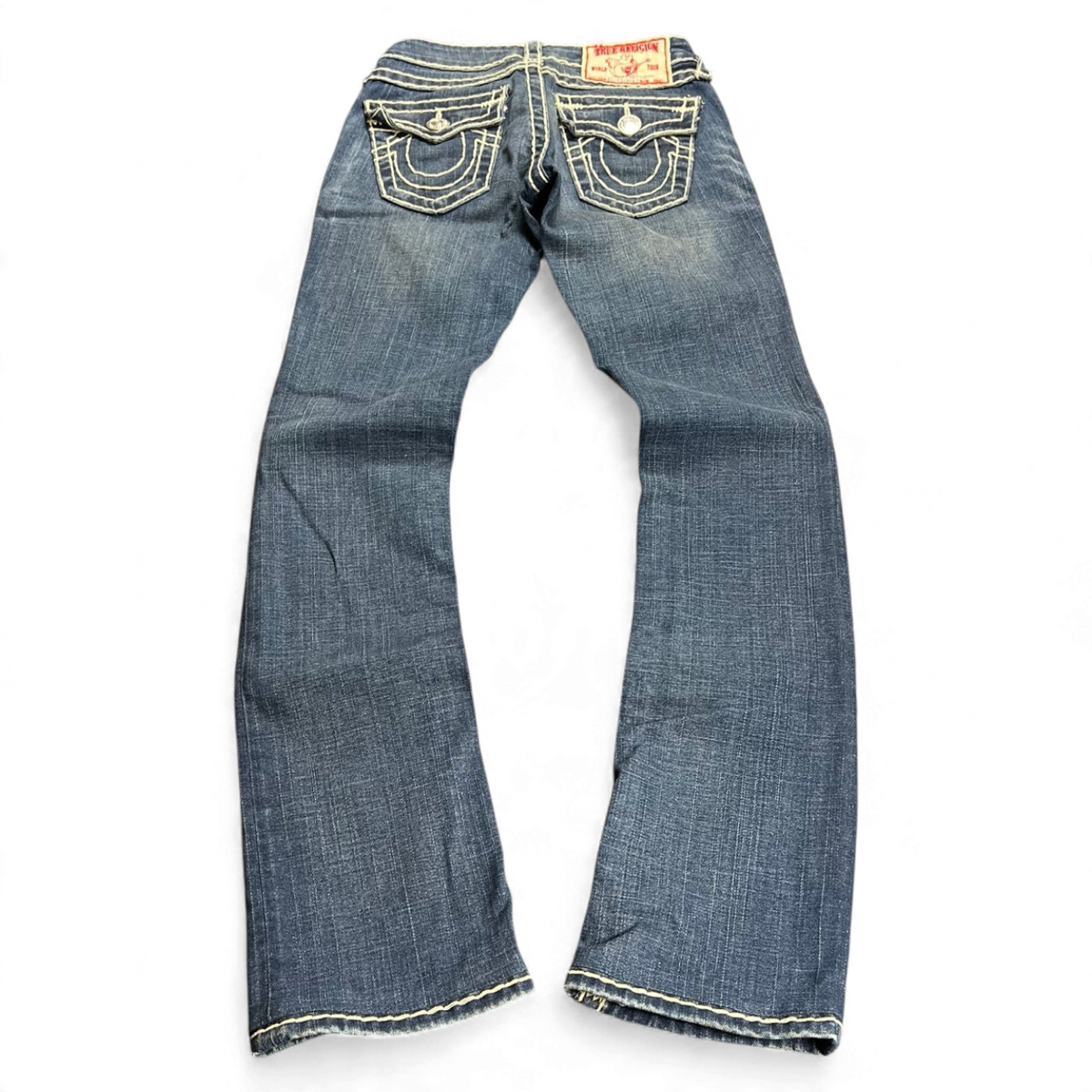 TWC Vintage Damen True Religion Billy Super T Jeans in Blau mit markanten hellen Kontrastnähten und Gesäßtaschen