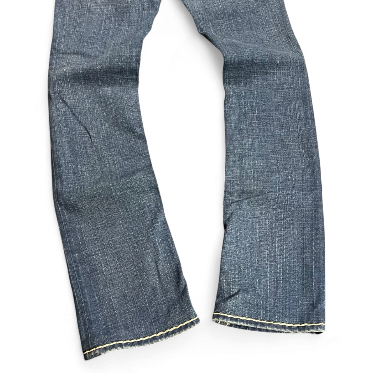 TWC Vintage Damen True Religion Billy Super T Jeans in Dunkelblau mit markanten hellen Kontrastnähten am Saum