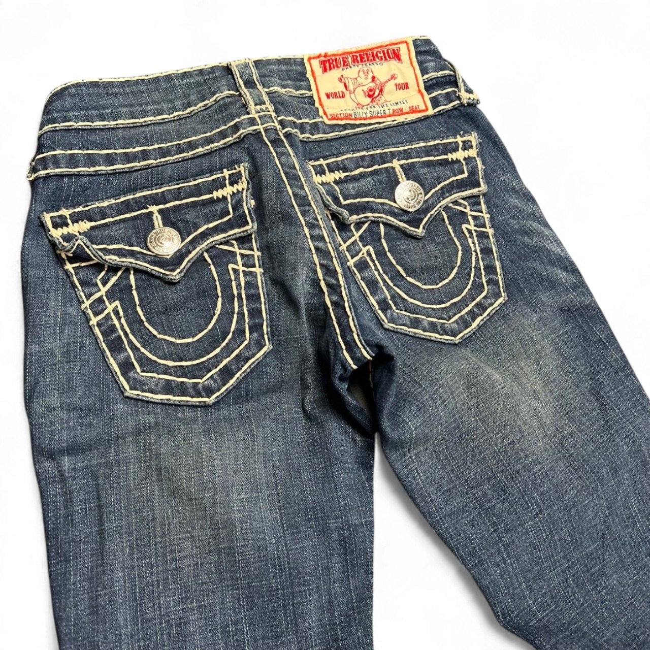 TWC Vintage Damen True Religion Billy Super T Jeans in Blau mit markanten hellen Kontrastnähten und Gesäßtaschen