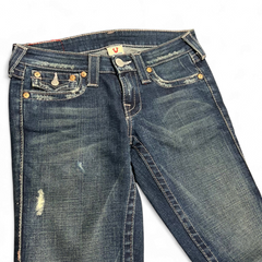 TWC Vintage Damen True Religion Joey Bootcut Jeans in verwaschenem Blau mit Distressed-Details und Kontrastnähten