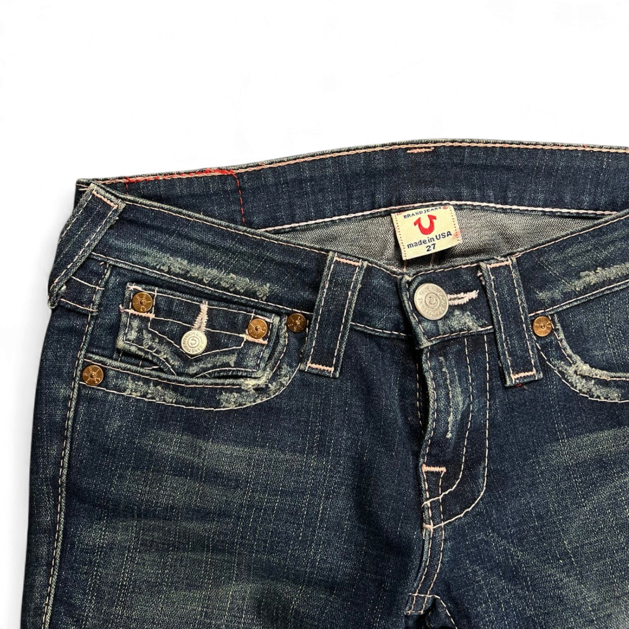 TWC Vintage Damen True Religion Joey Bootcut Jeans in Dunkelblau mit markanten Nähten und Used-Look-Details