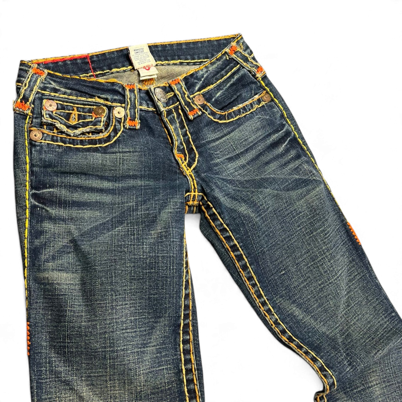 TWC Vintage Damen True Religion Billy Super T Jeans in Dunkelblau mit markanten gelben und orangefarbenen Nähten