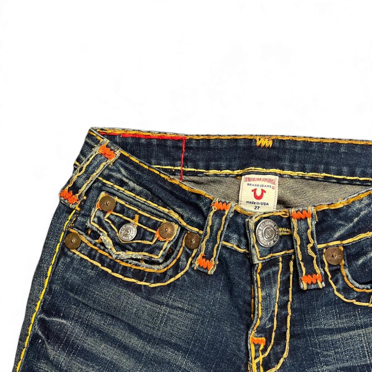TWC Vintage Damen True Religion Billy Super T Jeans in Dunkelblau mit markanten gelben und orangen Kontrastnähten