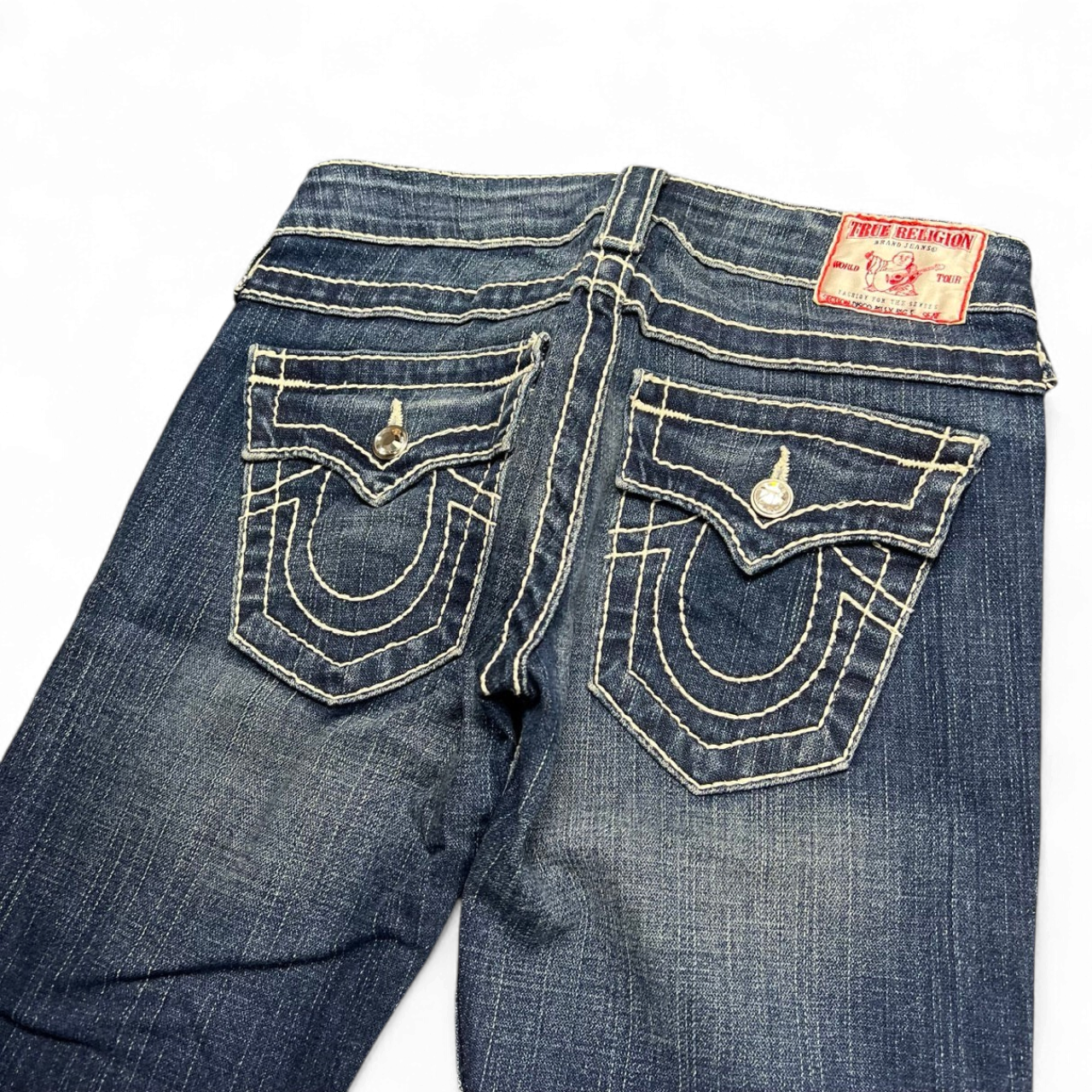 TWC Vintage Damen True Religion Disco Billy Big T Jeans in Blau mit markanten hellen Kontrastnähten und Gesäßtaschen