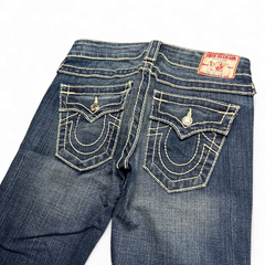 TWC Vintage Damen True Religion Disco Billy Big T Jeans in Blau mit markanten hellen Kontrastnähten und Gesäßtaschen