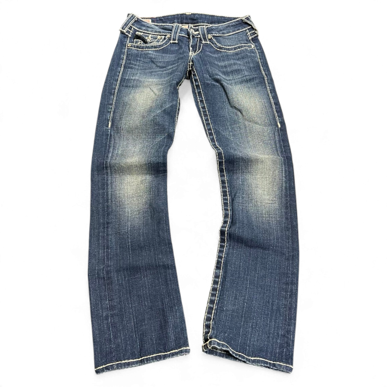 TWC Vintage Damen True Religion Disco Billy Big T Jeans in verwaschenem Blau mit markanten hellen Kontrastnähten