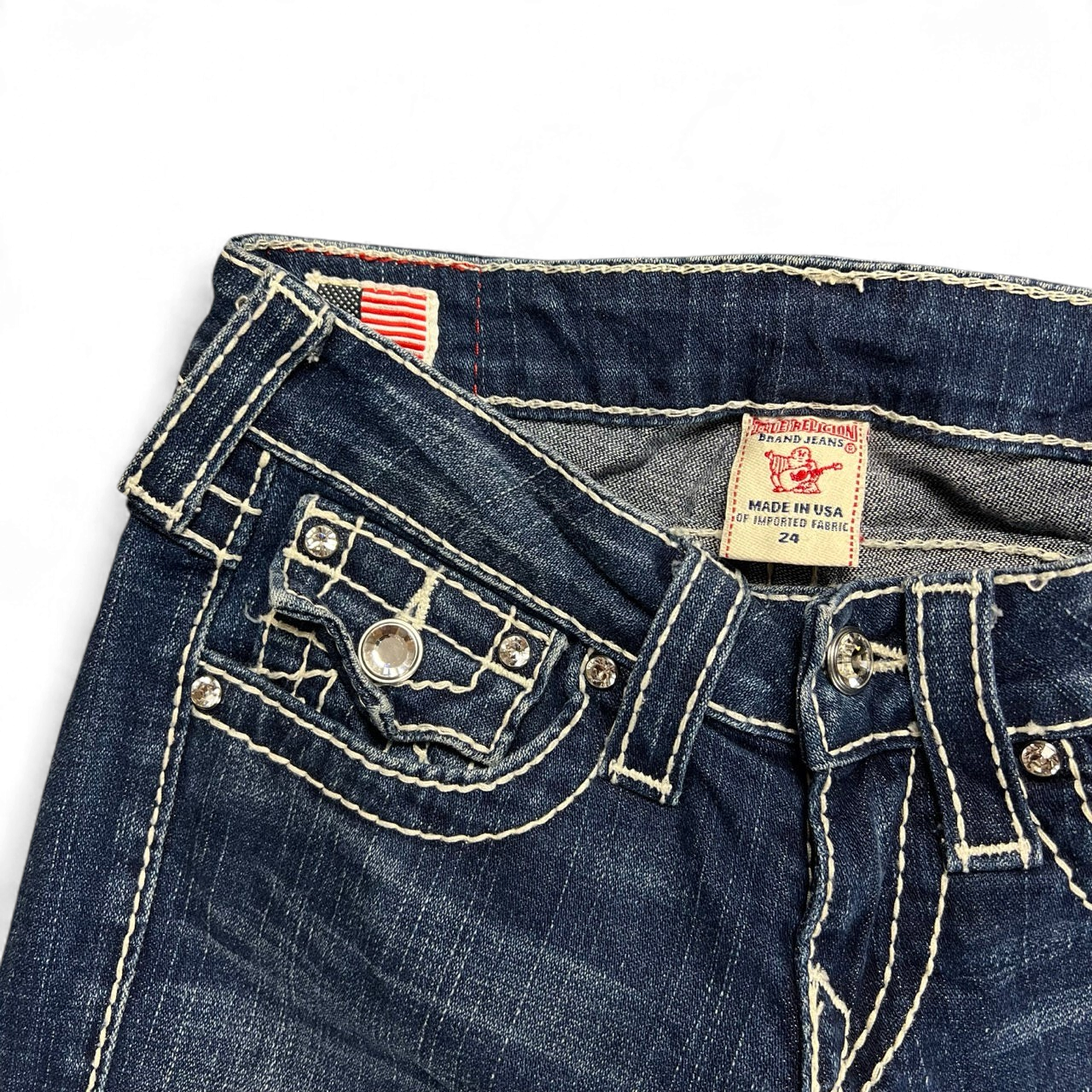 TWC Vintage True Religion Disco Billy Big T Damenjeans in Dunkelblau mit markanten Kontrastnähten und Strasssteinen