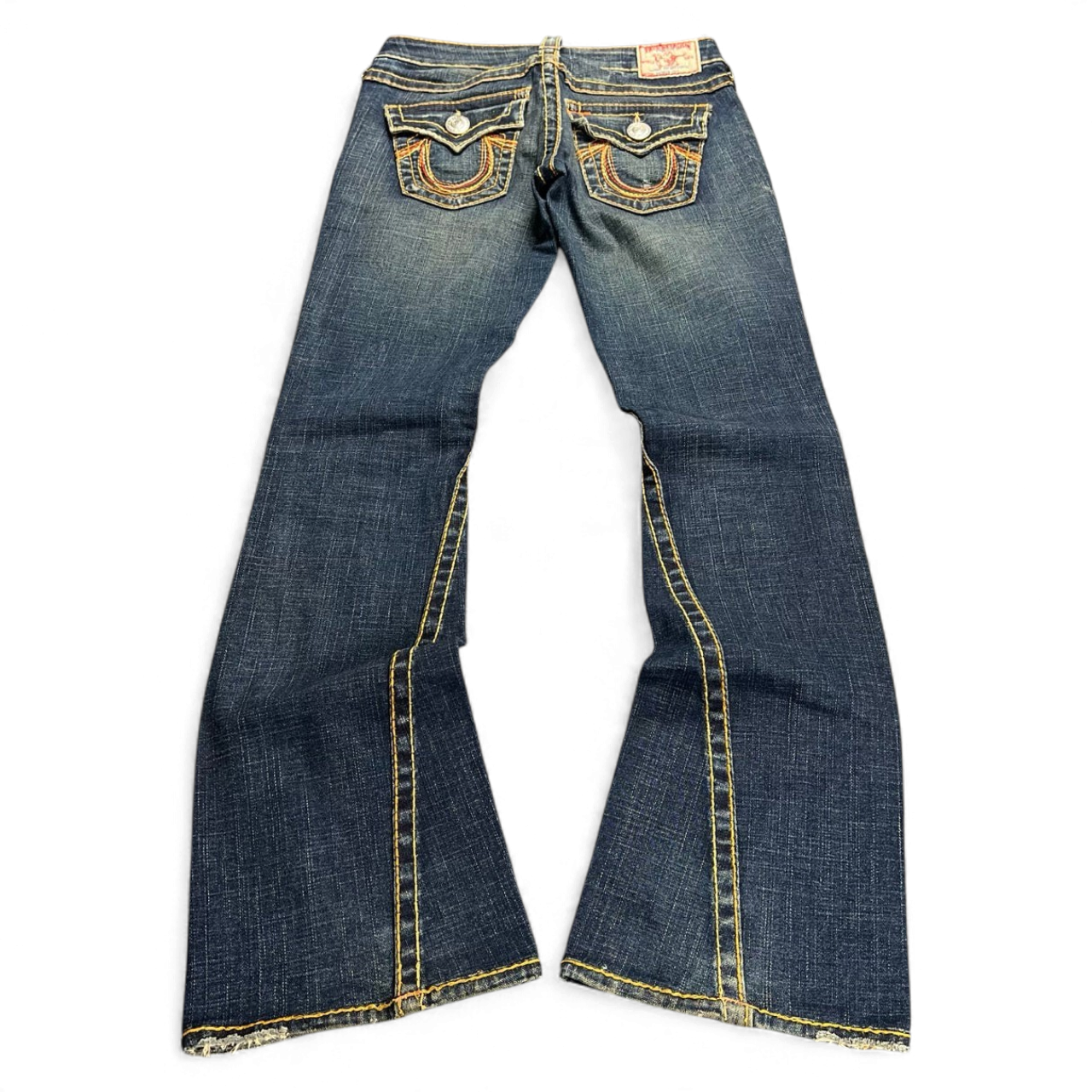 TWC Vintage Damen True Religion Rainbow Joey Bootcut Jeans in Dunkelblau mit markanten Kontrastnähten