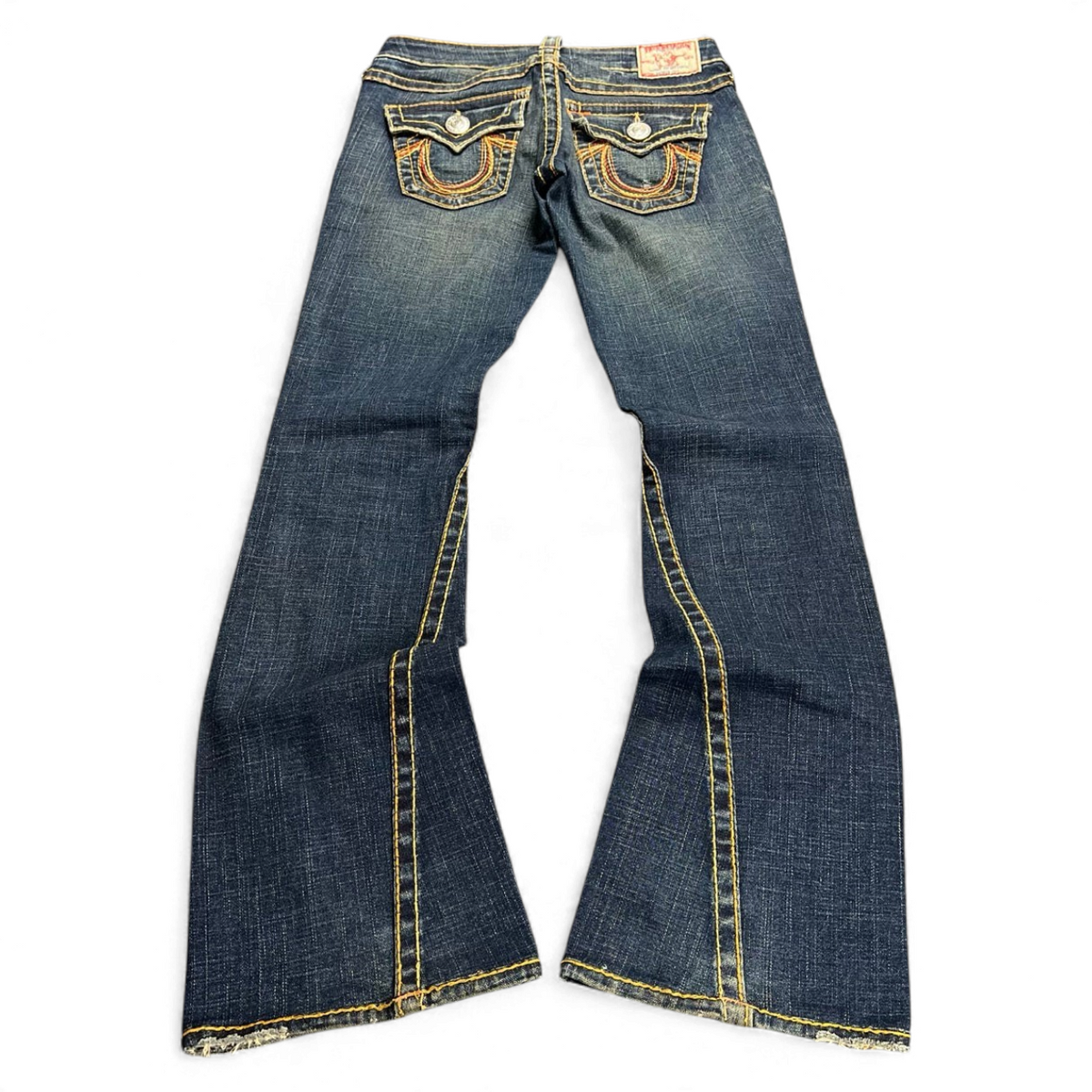 TWC Vintage Damen True Religion Rainbow Joey Bootcut Jeans in Dunkelblau mit markanten Kontrastnähten