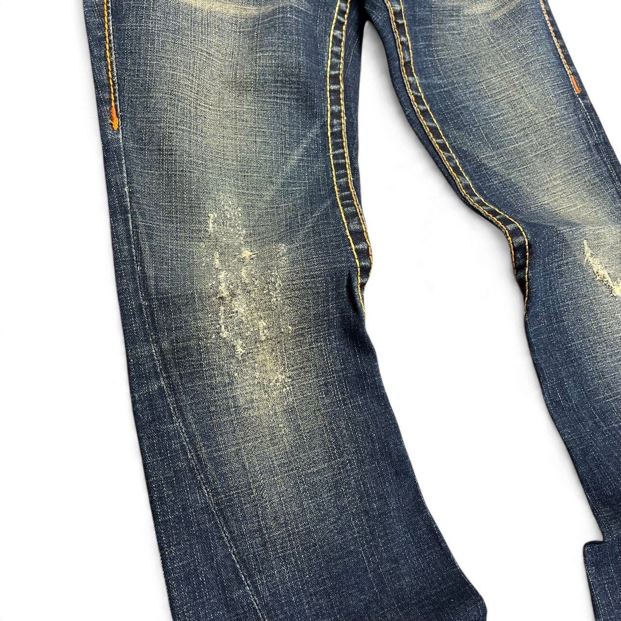 TWC Vintage True Religion Rainbow Joey Bootcut Jeans in blau mit Distressed-Details und markanten Kontrastnähten