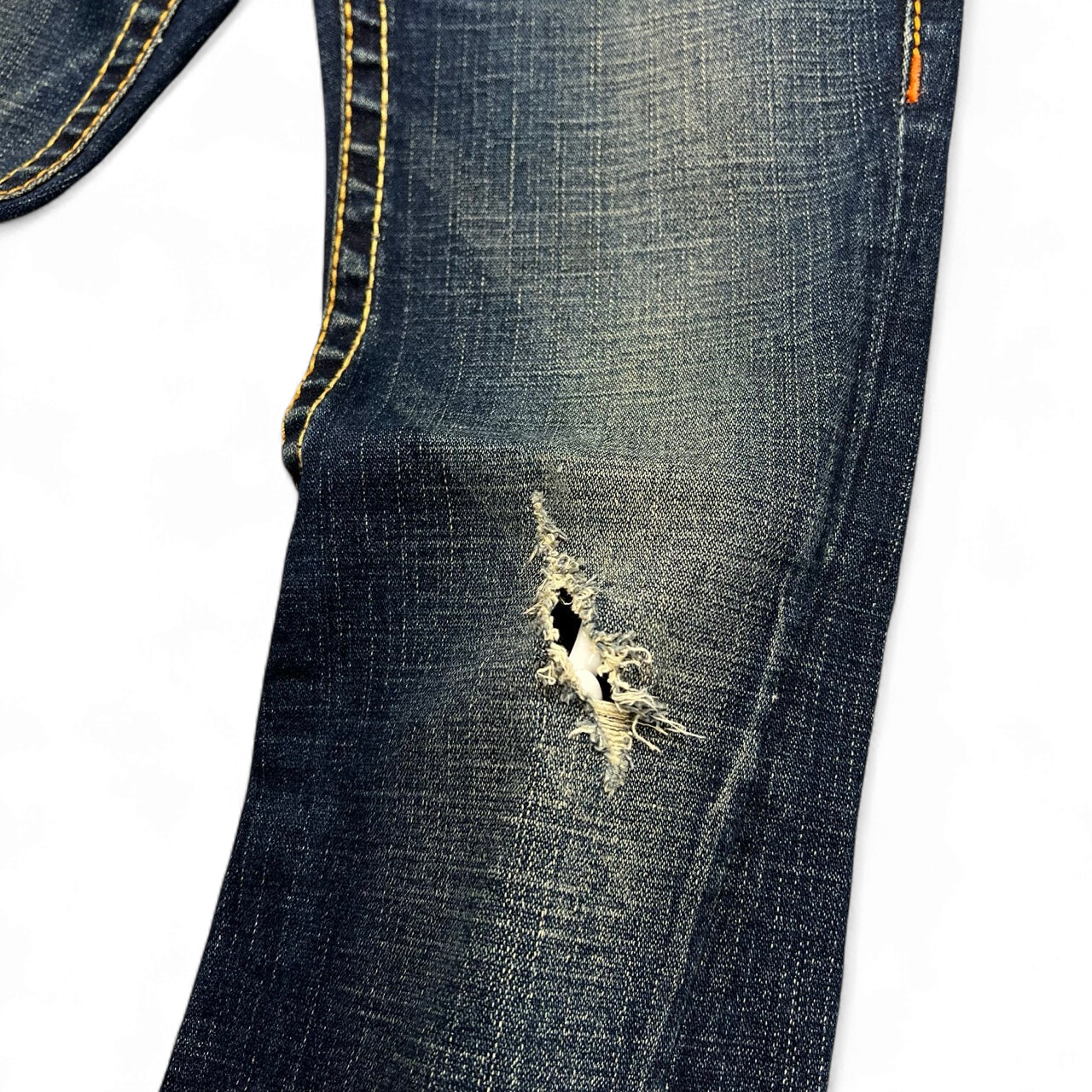 TWC Vintage True Religion Damen Bootcut Jeans in Blau mit Distressed-Effekt und markanten Kontrastnähten