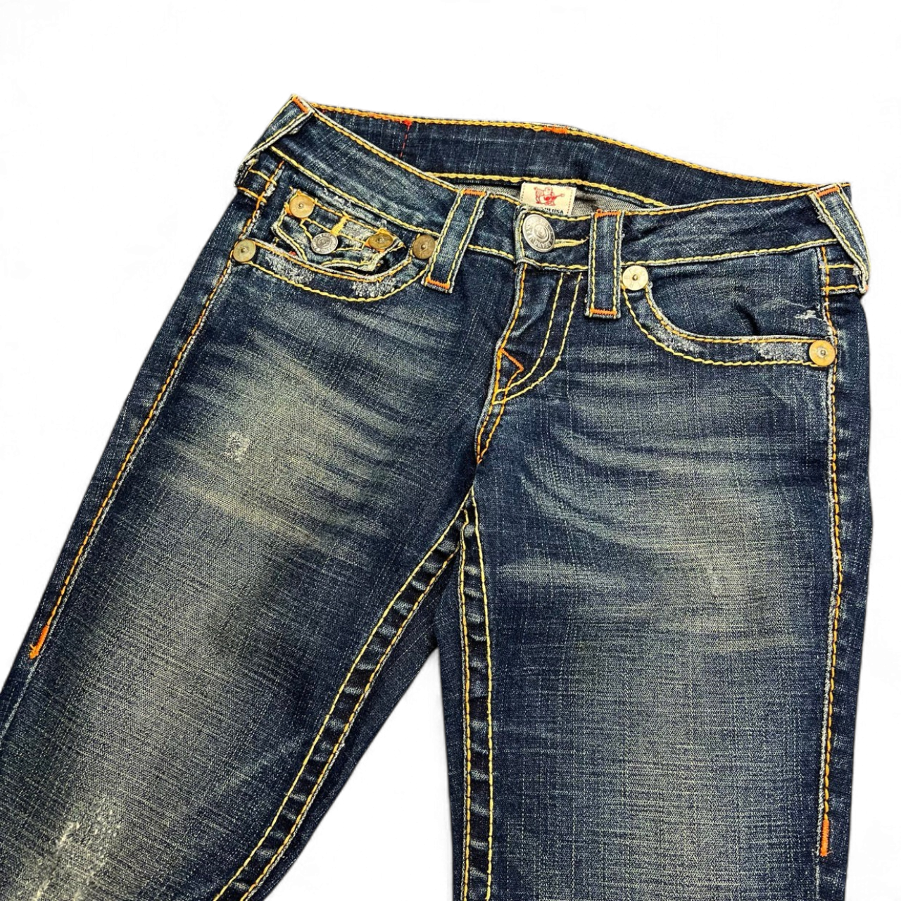 TWC Vintage True Religion Rainbow Joey Bootcut Jeans in dunkelblauem Denim mit markanten gelben und orangen Nähten