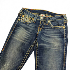 TWC Vintage True Religion Rainbow Joey Bootcut Jeans in dunkelblauem Denim mit markanten gelben und orangen Nähten