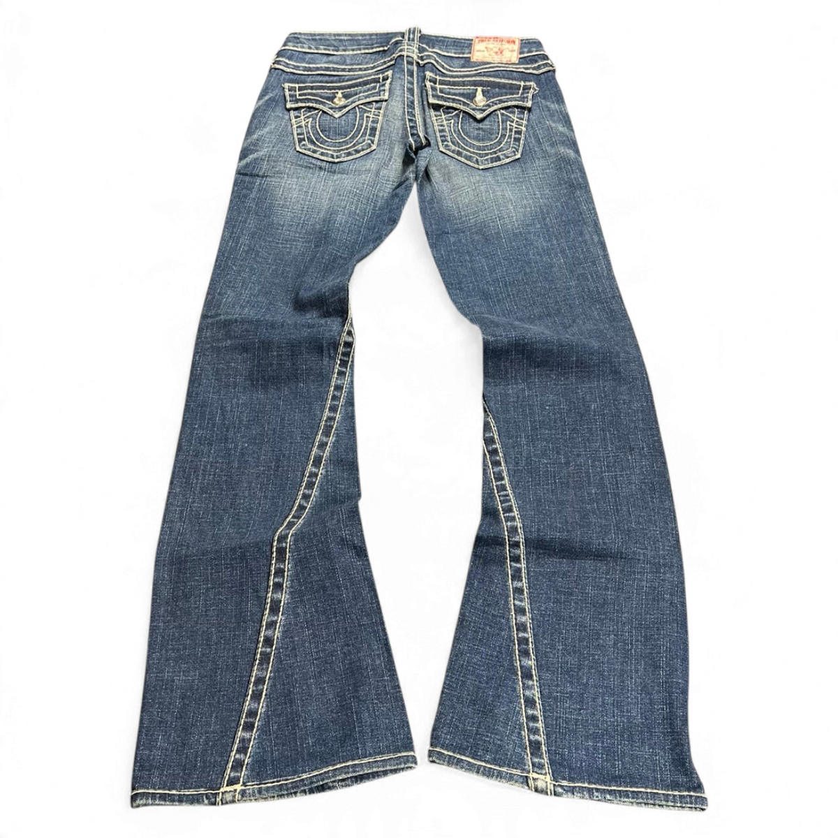 TWC Vintage Damen True Religion Disco Joey Big T Bootcut Jeans in Blau mit markanten Kontrastnähten