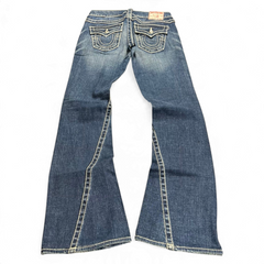 TWC Vintage Damen True Religion Disco Joey Big T Bootcut Jeans in Blau mit markanten Kontrastnähten