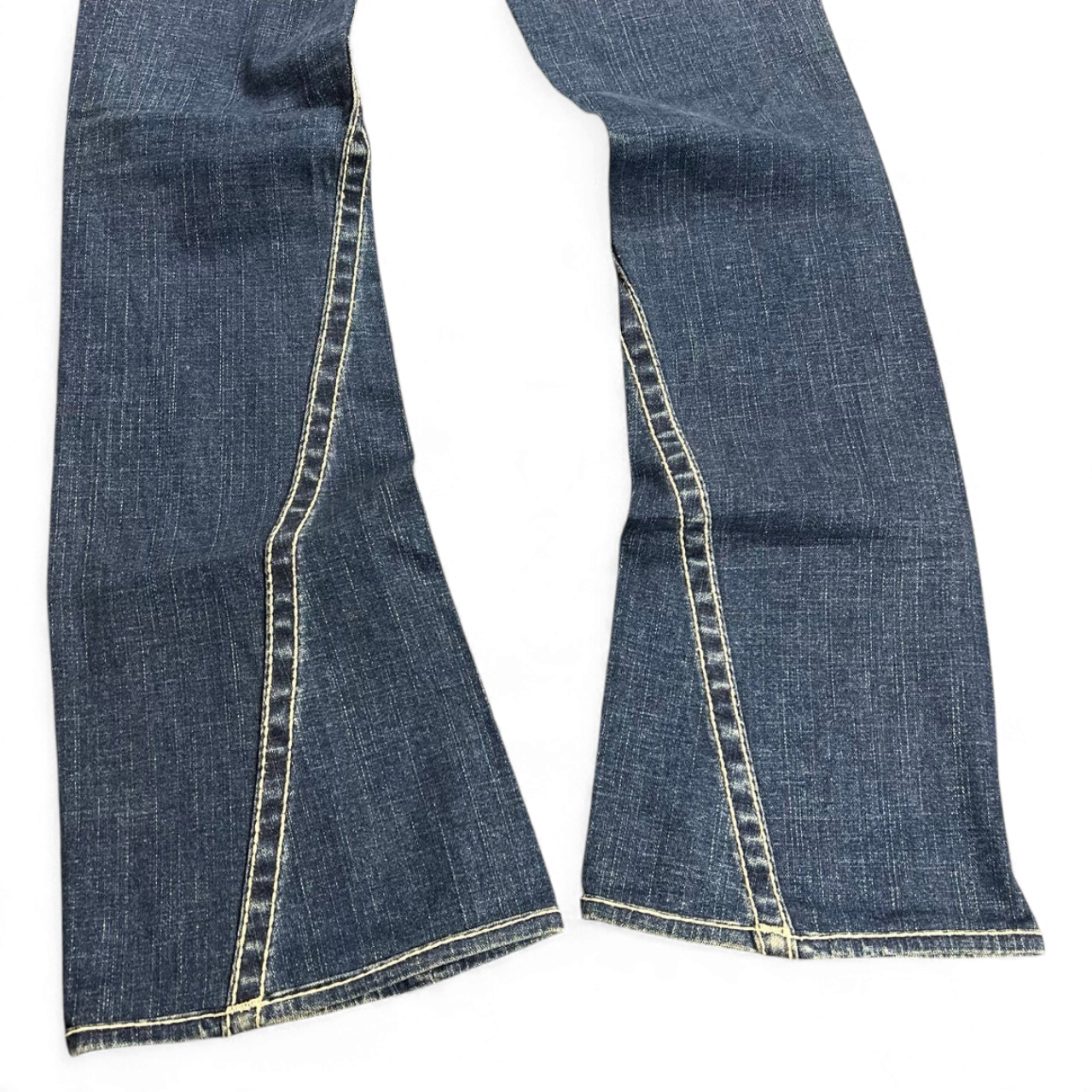 TWC Vintage True Religion Disco Joey Big T Bootcut Jeans in dunkelblauem Denim mit markanten hellen Kontrastnähten
