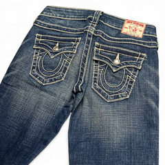 TWC Vintage Damen True Religion Disco Joey Big T Bootcut Jeans in Blau mit markanten Kontrastnähten und Gesäßtaschen