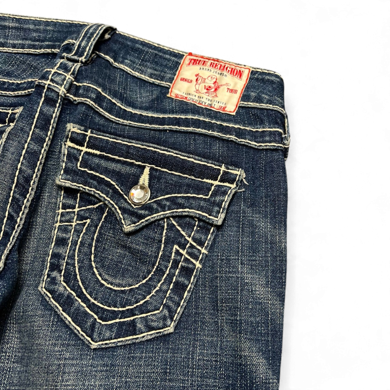 TWC Vintage True Religion Disco Joey Big T Bootcut Jeans in blauem Denim mit markanten hellen Kontrastnähten