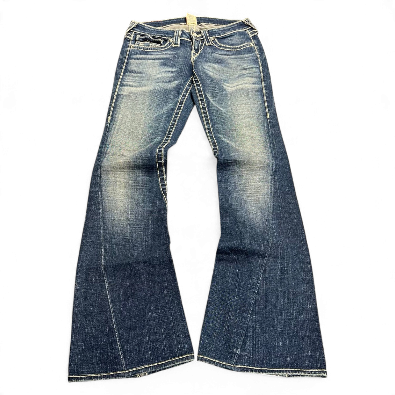 TWC Vintage True Religion Disco Joey Big T Bootcut Jeans in blau mit markanten Kontrastnähten und Vintage-Waschung