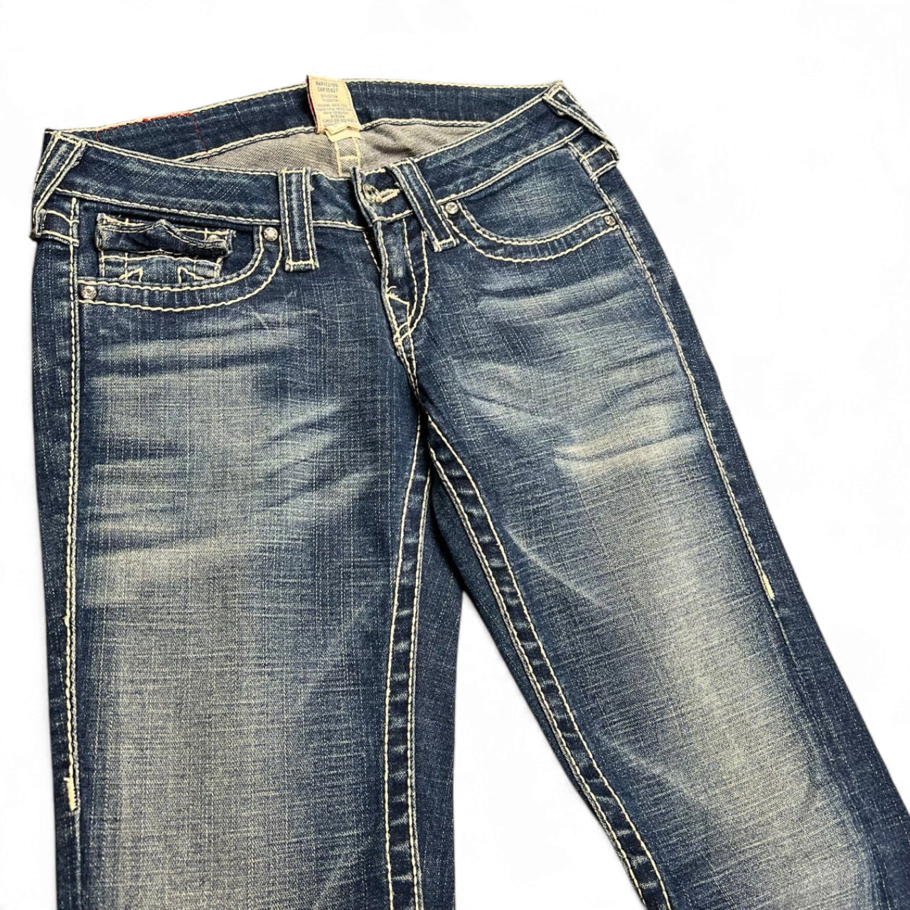 TWC Vintage True Religion Disco Joey Big T Bootcut Jeans in blau mit markanten hellen Kontrastnähten