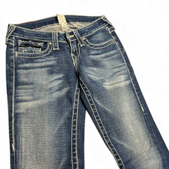 TWC Vintage True Religion Disco Joey Big T Bootcut Jeans in blau mit markanten hellen Kontrastnähten