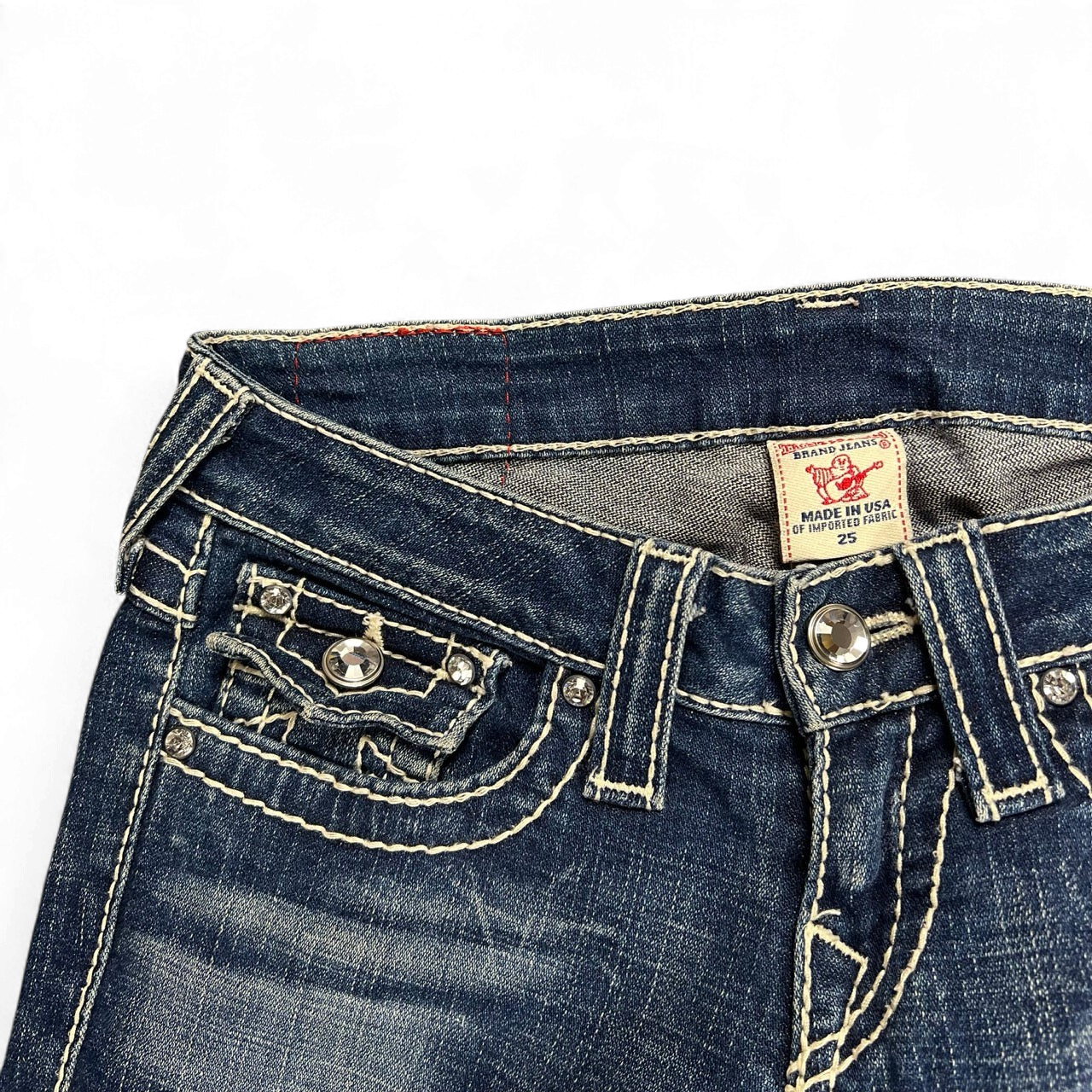 TWC Vintage True Religion Disco Joey Big T Damenjeans in Blau mit markanten Kontrastnähten und Strass-Details