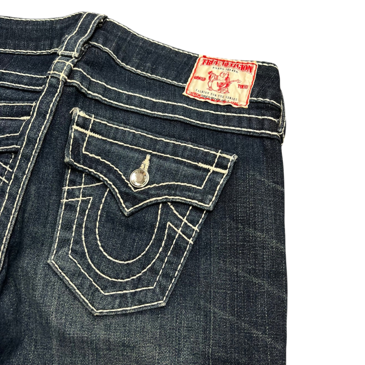 TWC Vintage True Religion Disco Becky Big T Damen Jeans in Dunkelblau mit markanten hellen Kontrastnähten