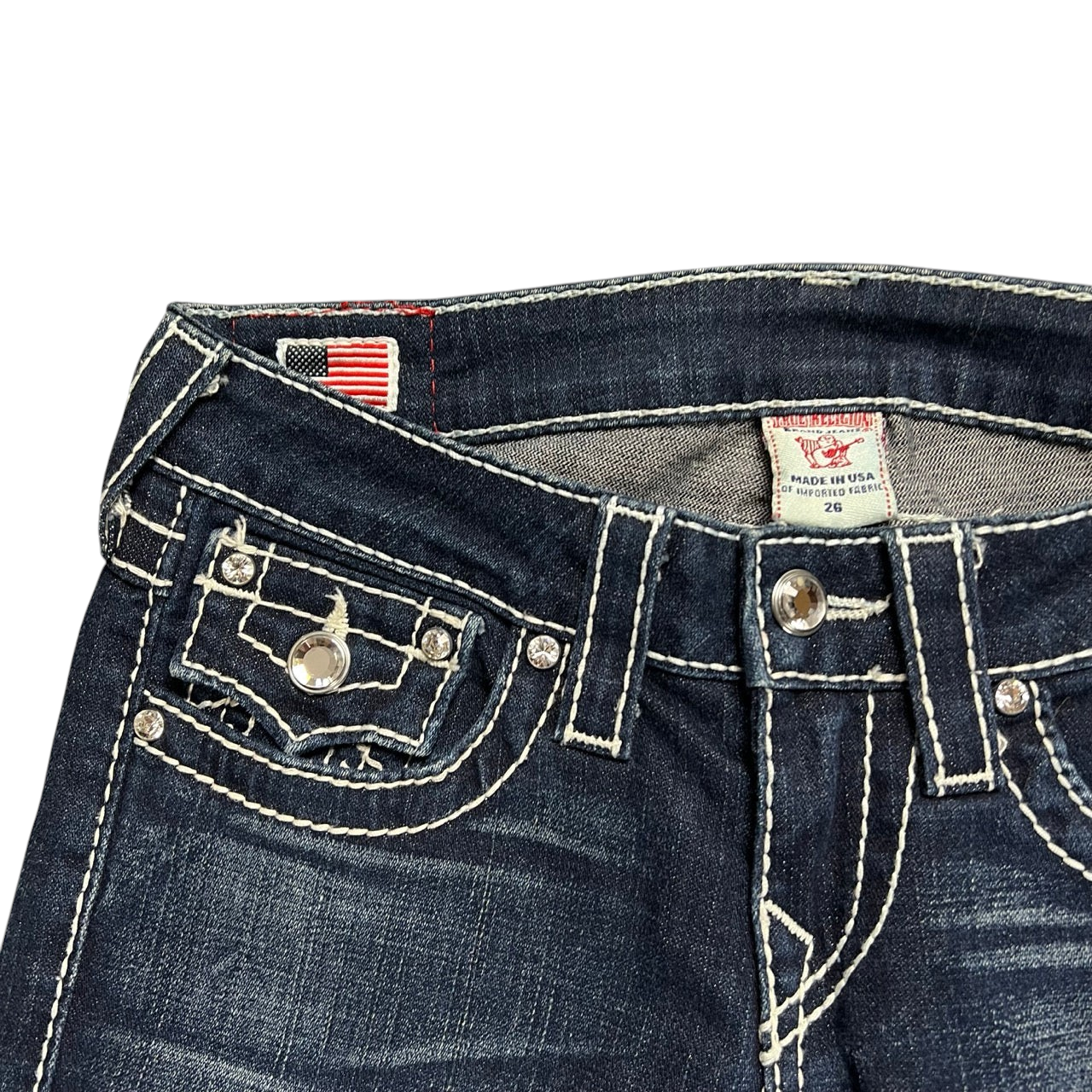 TWC Vintage True Religion Disco Becky Big T Jeans in dunkelblauem Denim mit markanten Kontrastnähten und Strasssteinen