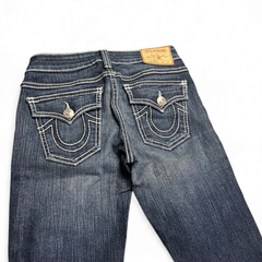 TWC Vintage True Religion Becky Bootcut Jeans in dunkelblauem Denim mit markanten hellen Kontrastnähten