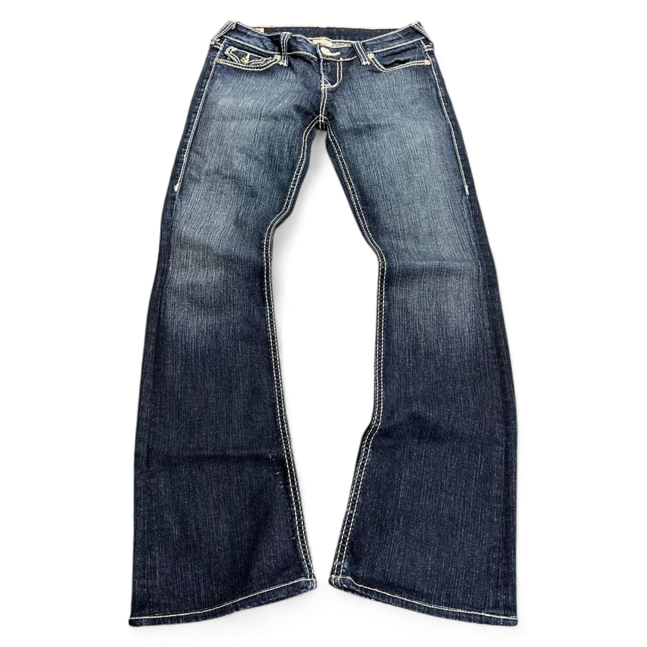 TWC Vintage Damen True Religion Becky Bootcut Jeans in dunkelblauem Denim mit markanten hellen Kontrastnähten