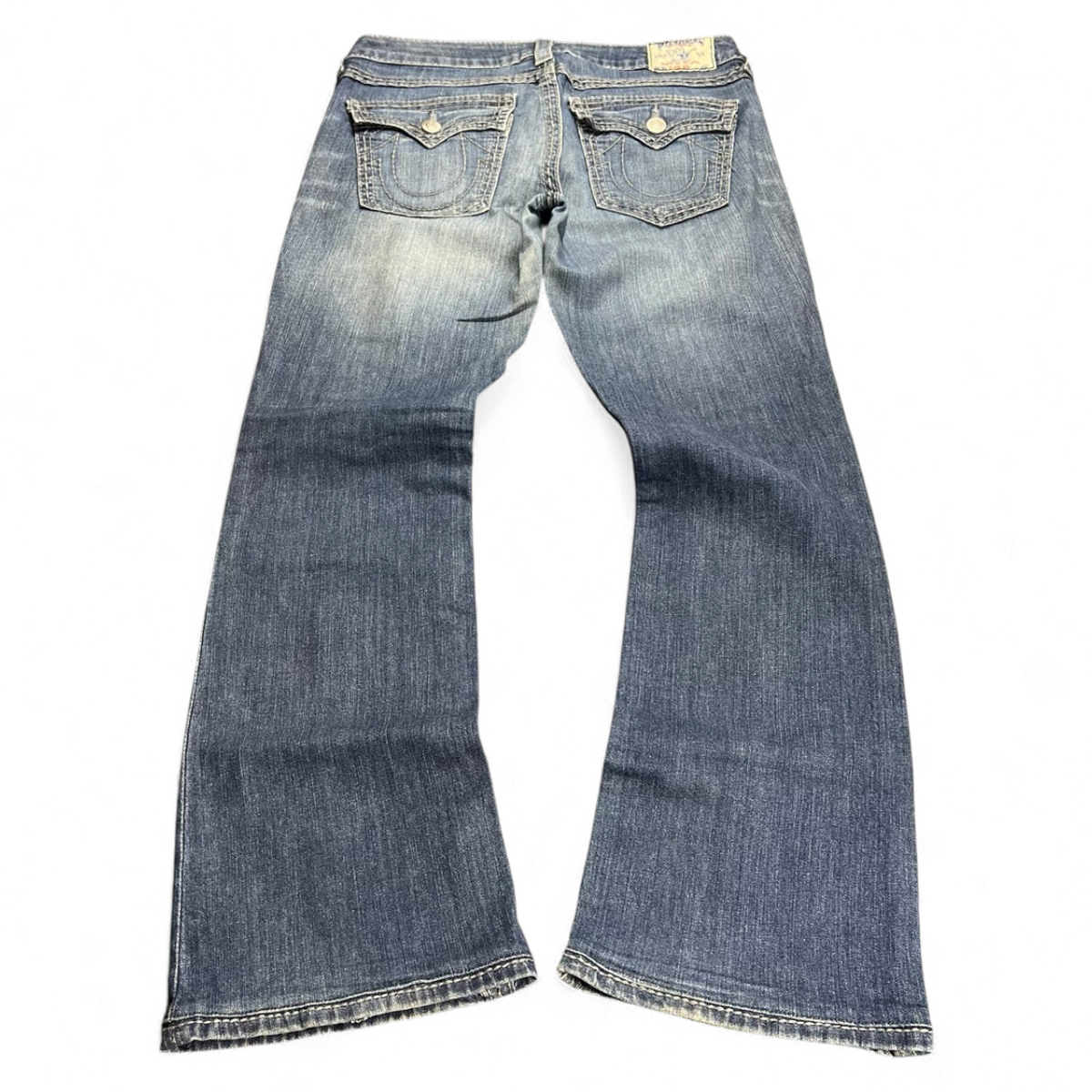 TWC Vintage Damen True Religion Bootcut Jeans in Blau mit hoher Taille und markanten Gesäßtaschen