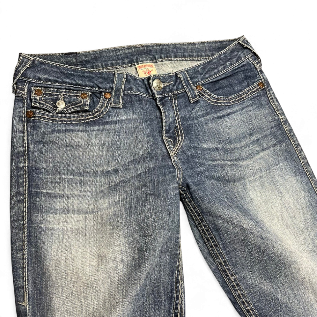TWC Vintage True Religion Damen Jeans mit hoher Taille und Bootcut-Schnitt in verwaschenem Blau mit Kontrastnähten