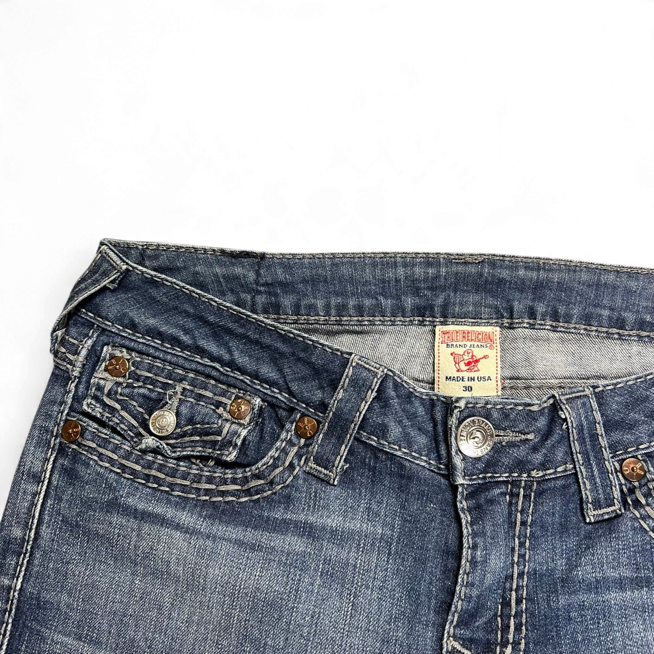 TWC Vintage True Religion Damen Jeans mit hoher Taille und markanten Kontrastnähten in Blau