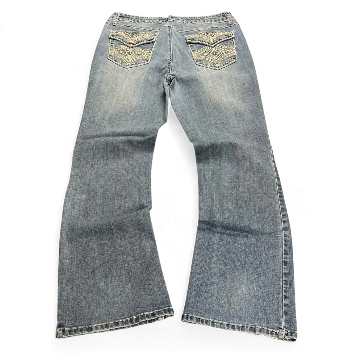 TWC Vintage Damen Y2K Bootcut Jeans in Blau mit verzierten Gesäßtaschen und Stickereidetails