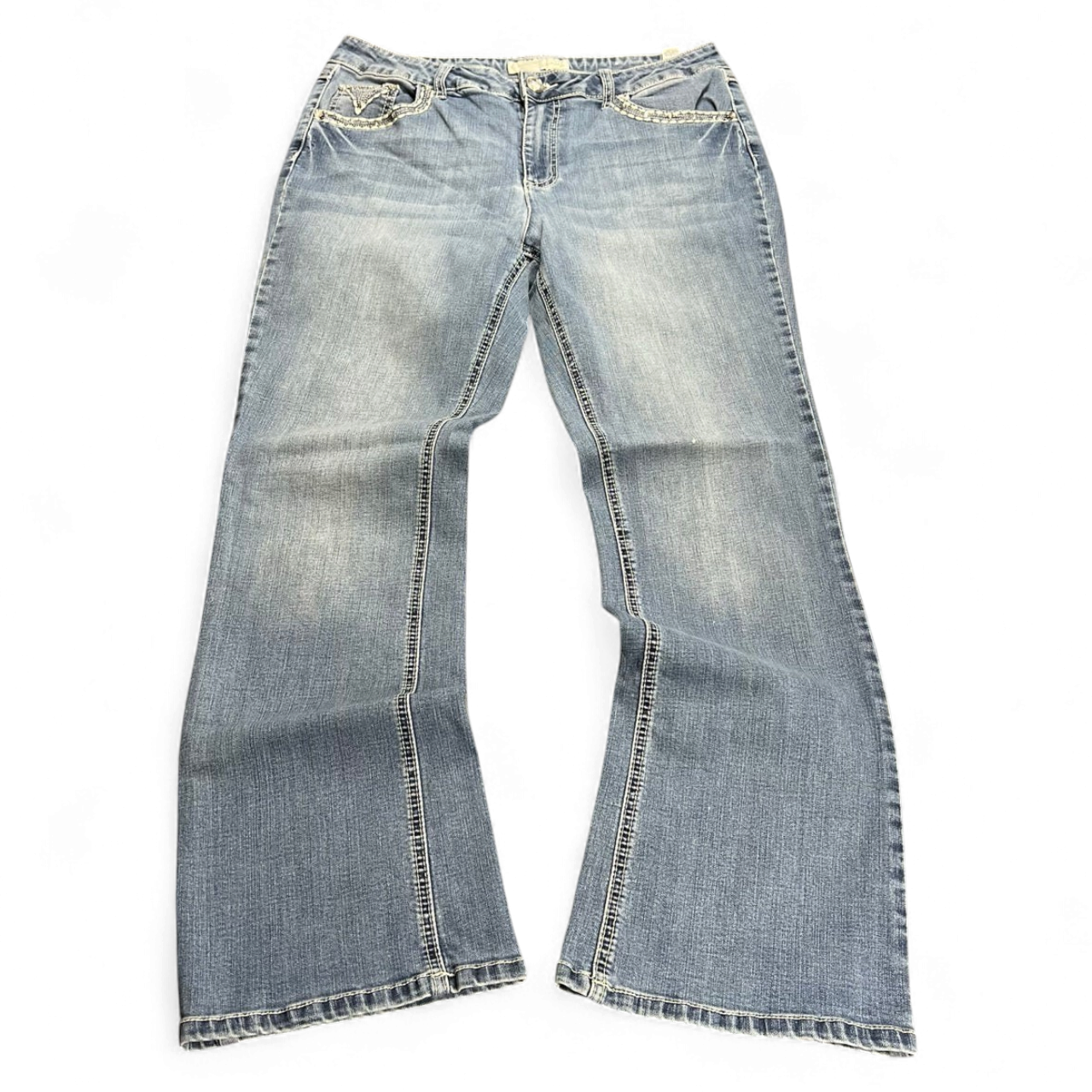 TWC Vintage Damen Y2K Bootcut Jeans in verwaschenem Blau mit Ziersteinen an den Vordertaschen